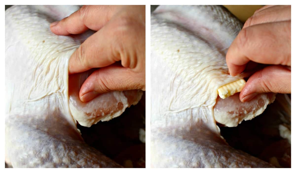 A hand separating the turkey skin and adding tabs of butter.
