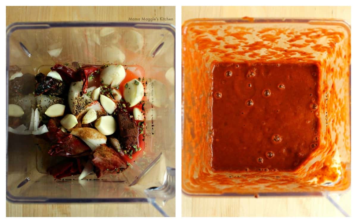 Two side-by-side pictures showing the ingredients to make pibil sauce before and after they have been blended.