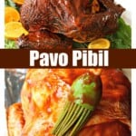 Two pictures of raw and cooked Yucatan-Style Turkey.