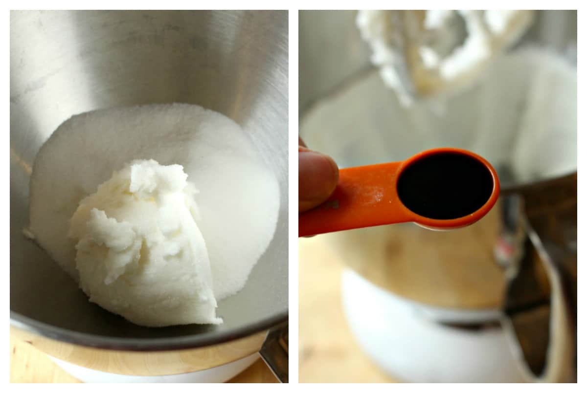 Two side by side pictures showing shortening, sugar, and vanilla in a mixer. 