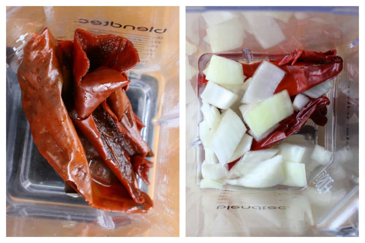A collage showing guajillo chile and other ingredients in a blender.