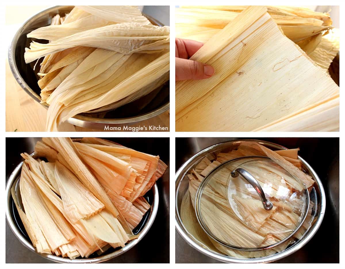 A collage showing how to clean corn husks for tamales.