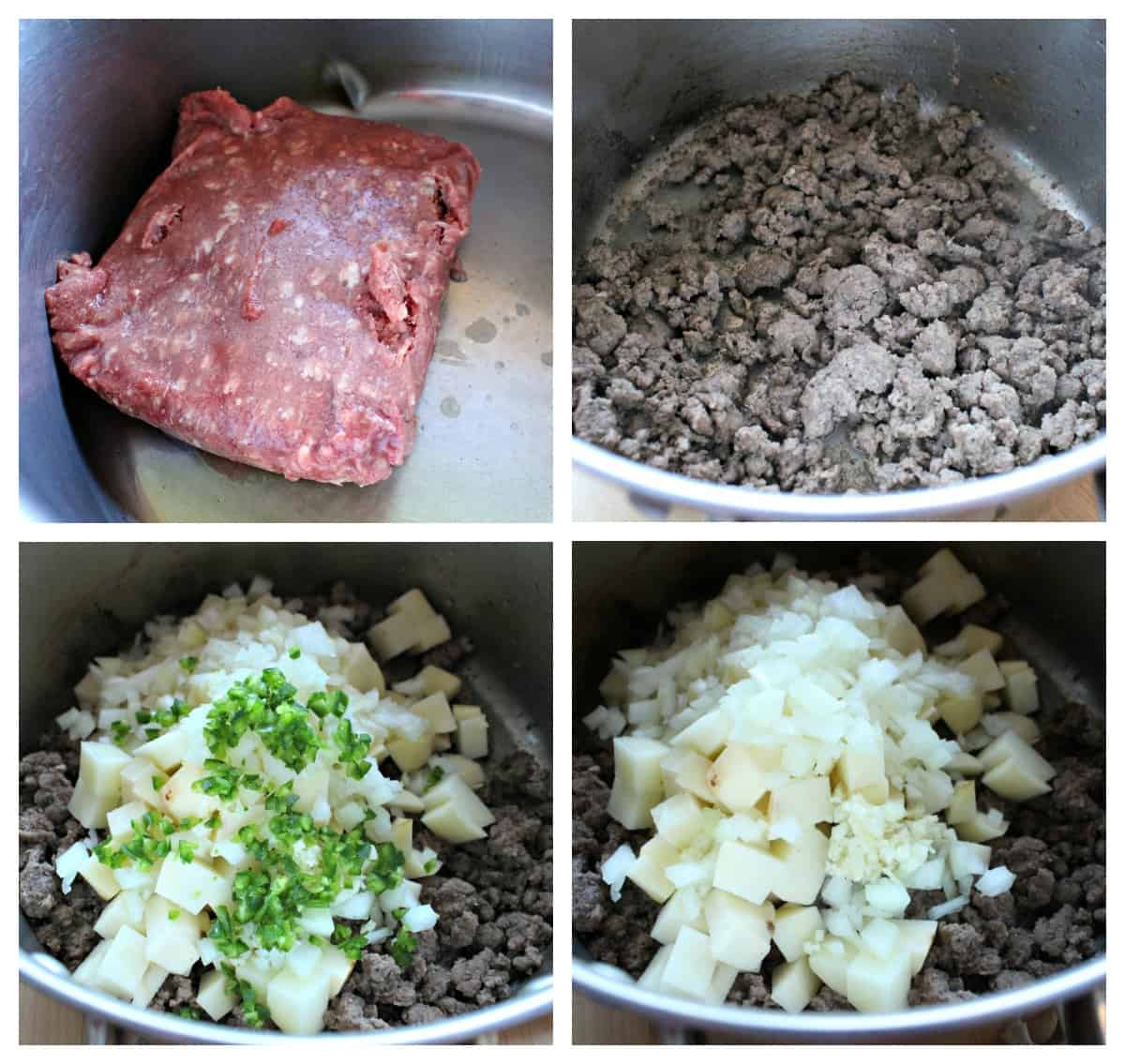 A collage showing how to cook the ground beef and potatoes in this recipe. 