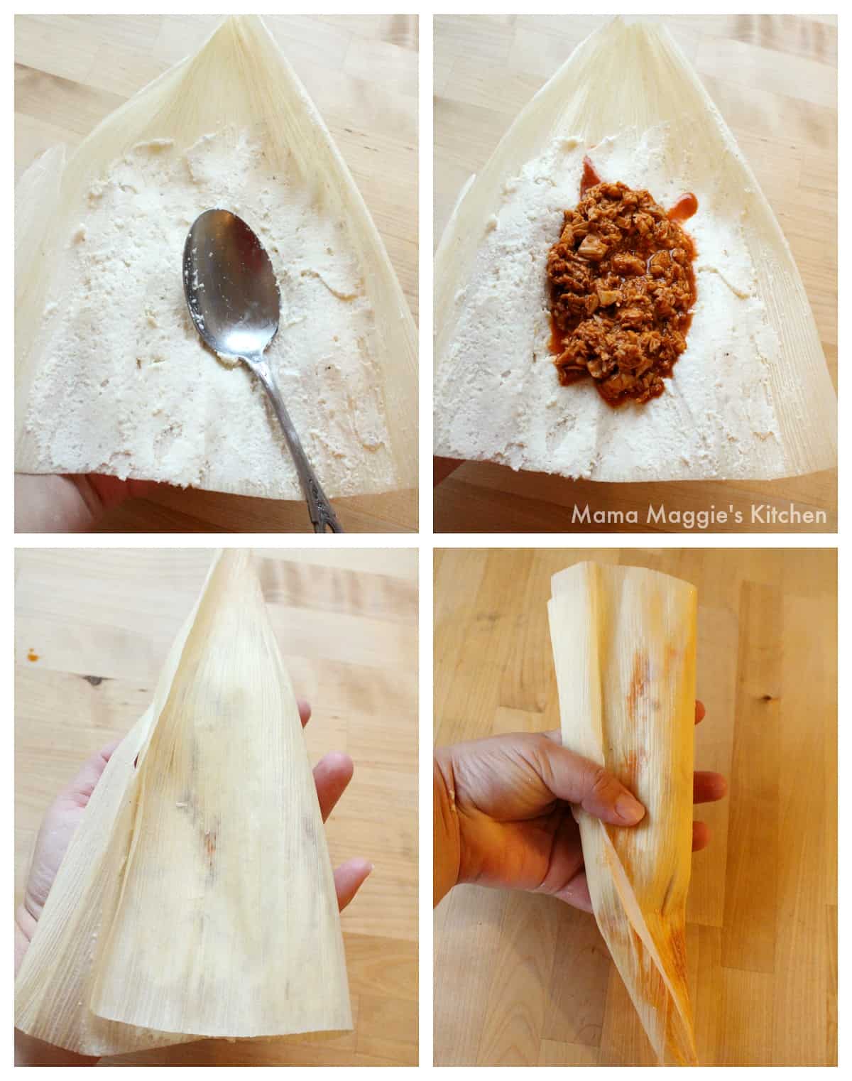 A collage showing how to spread masa and add the filling then wrap tamales. 