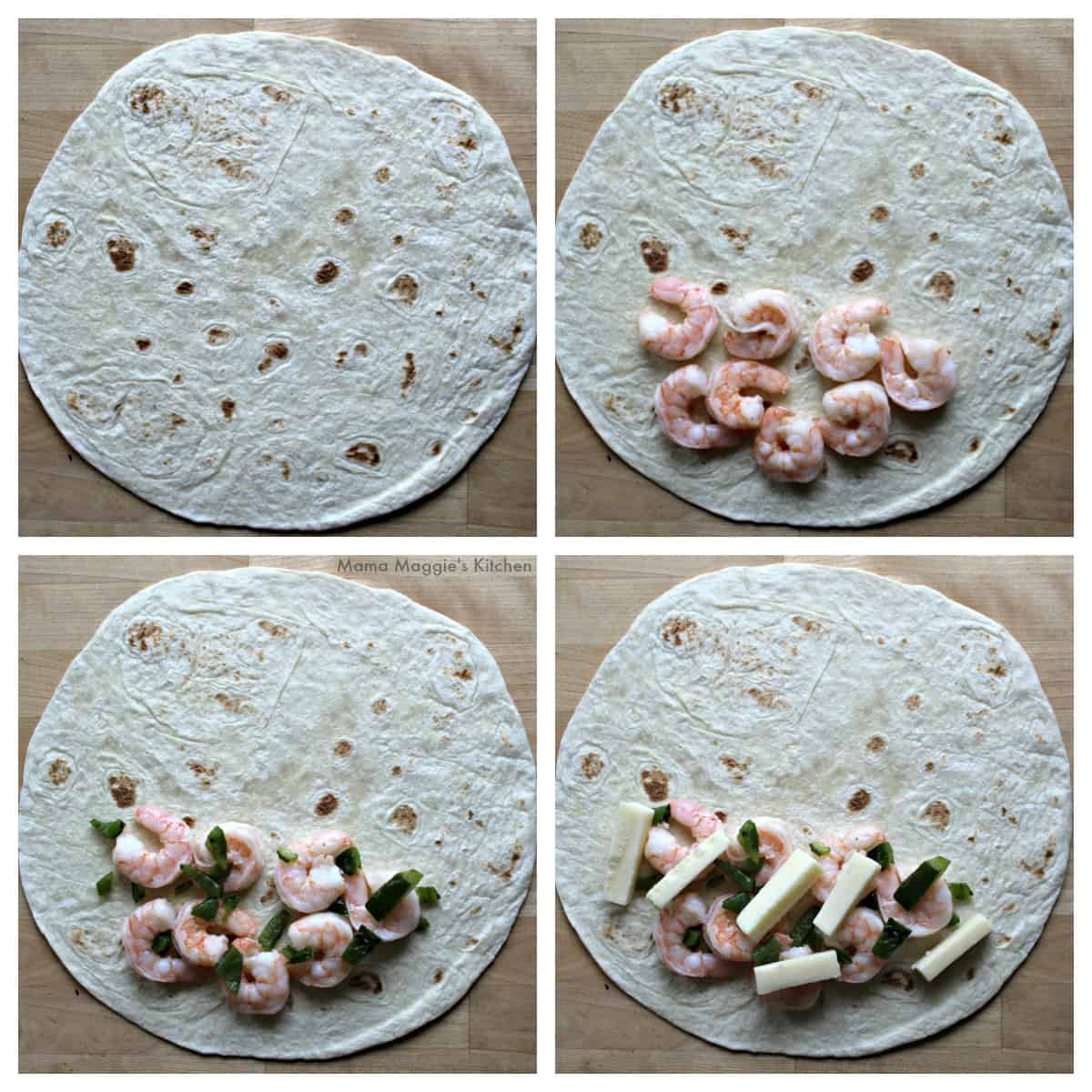 A collage showing how to assemble Shrimp Poblano Quesadillas.