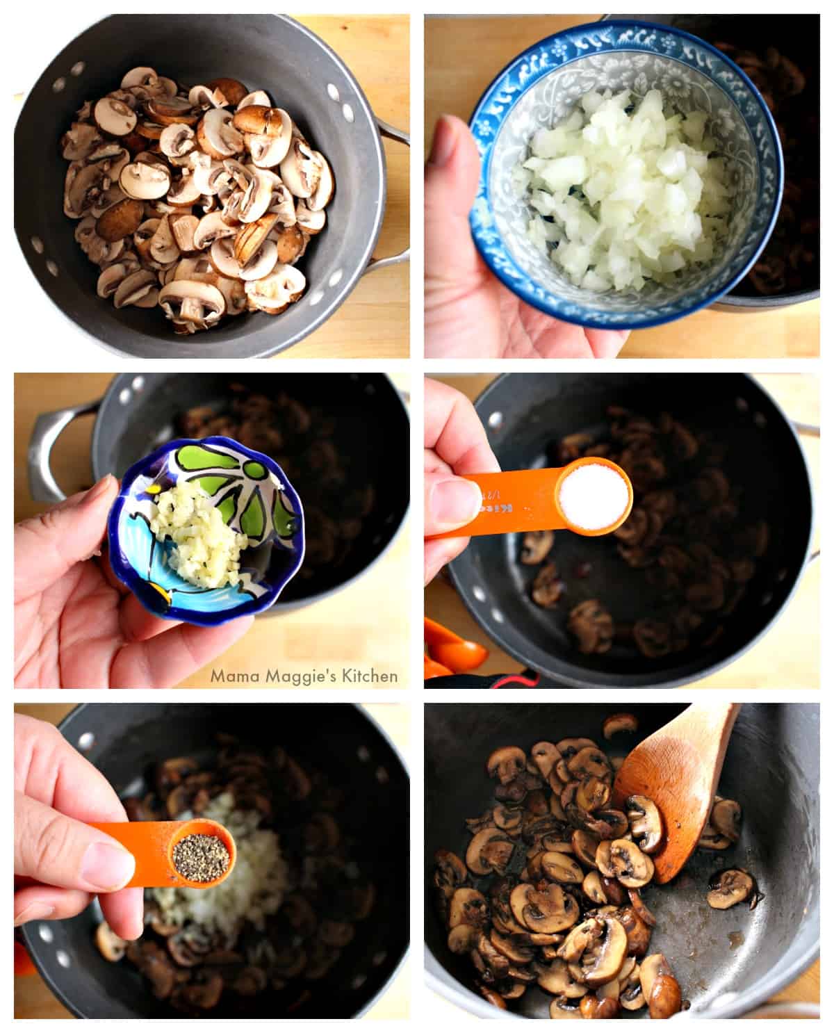A collage showing how to make the mushroom mixture.