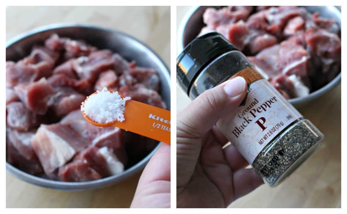 A collage showing salt and pepper above raw pork. 