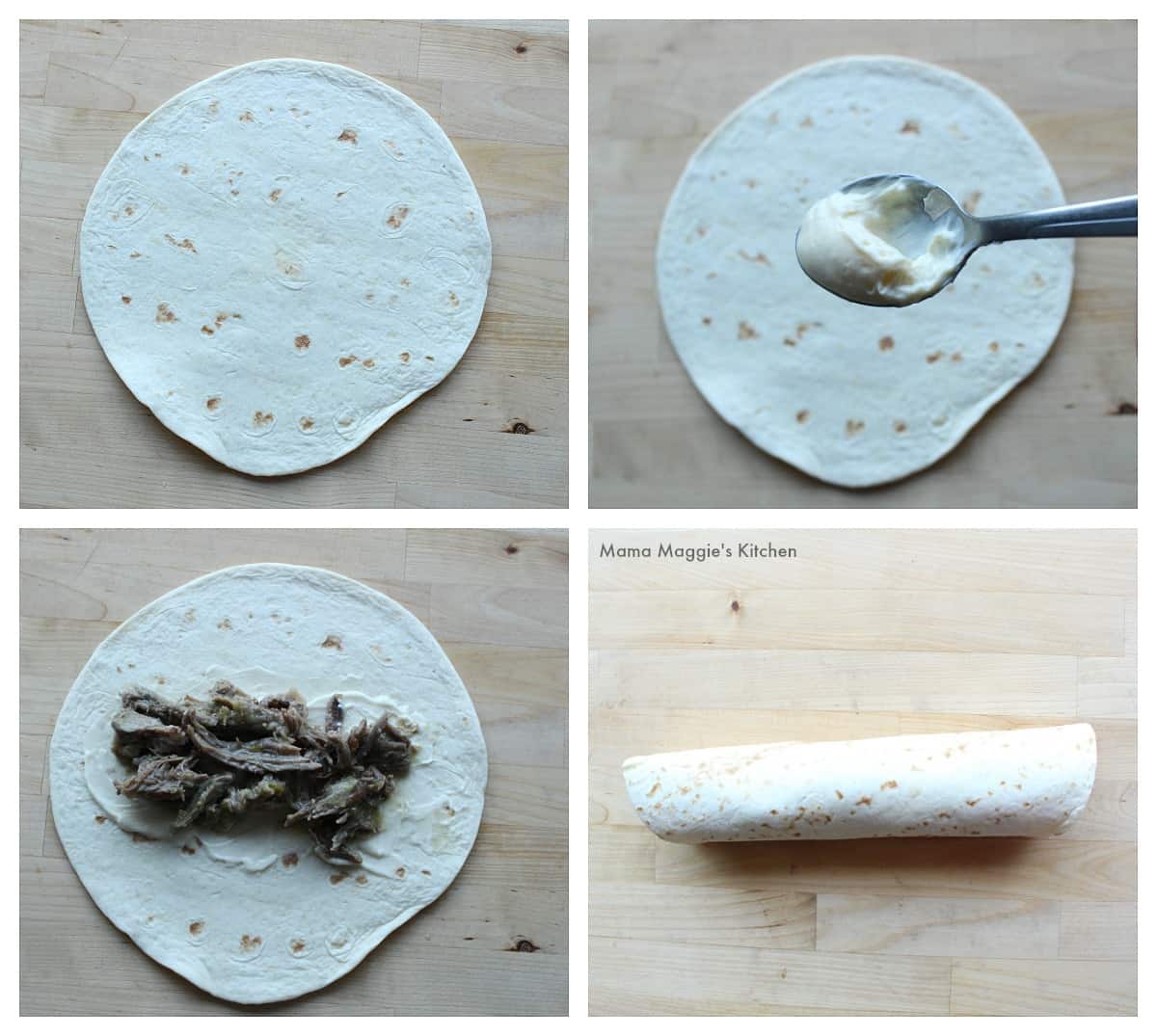 A collage showing how to assemble a Durango Burrito.