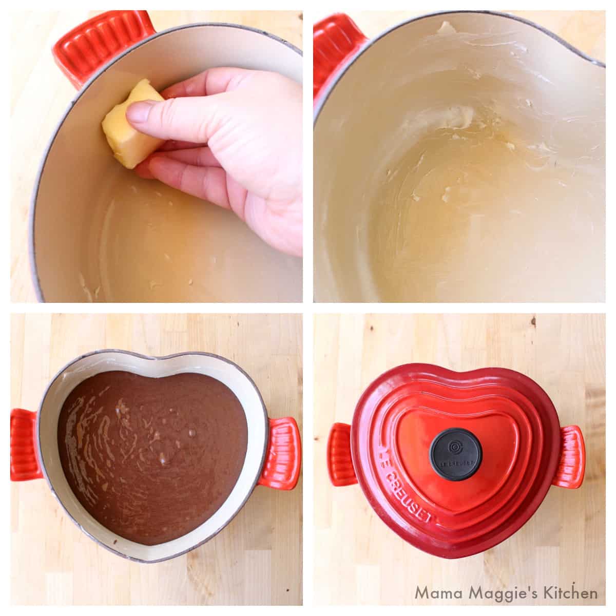 A collage showing how to butter a pan before adding the cake batter.