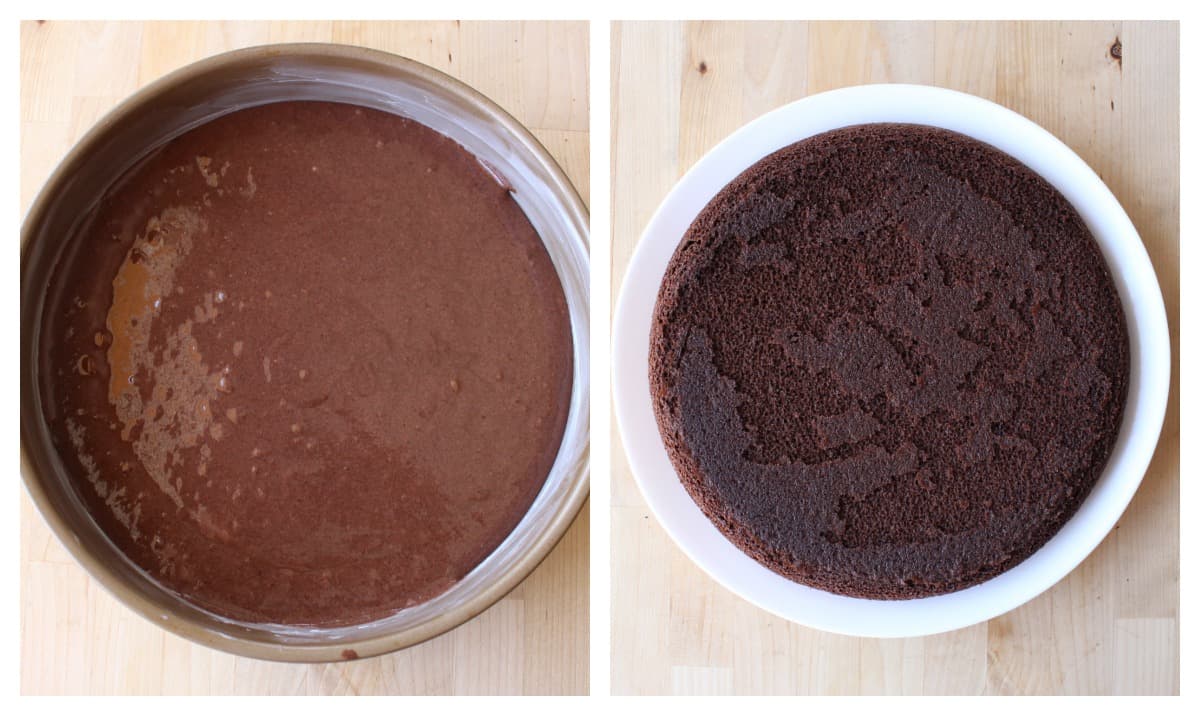 A cake pan with cake mix and a cooked chocolate cake.