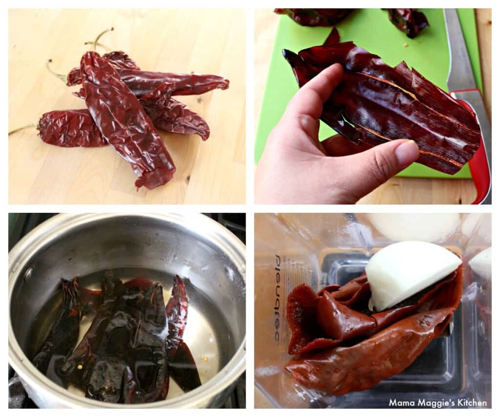 A collage showing how to make the guajillo sauce.