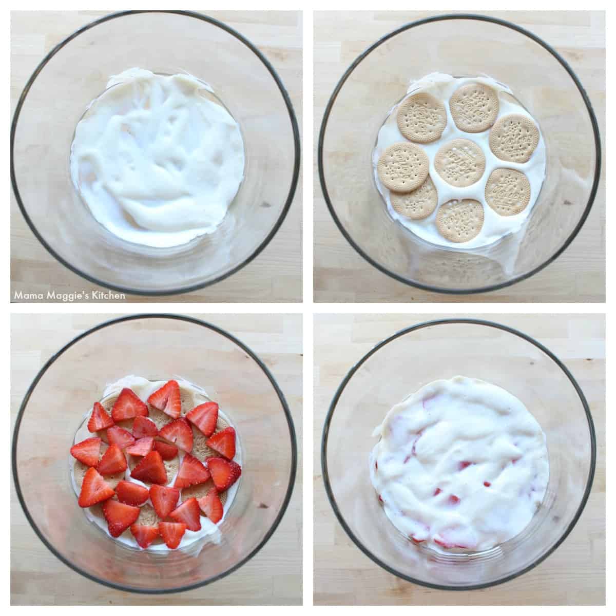 A collage showing how to layer a strawberry trifle.
