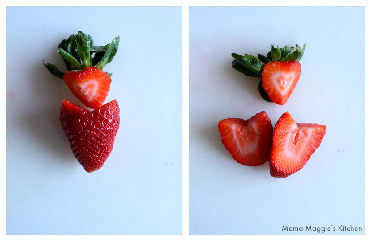 A collage showing how to make heart shaped strawberries.