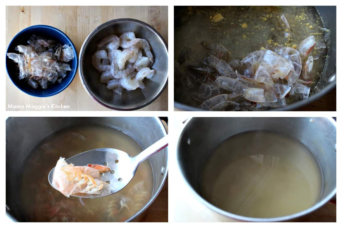 A collage showing how to make shrimp broth.