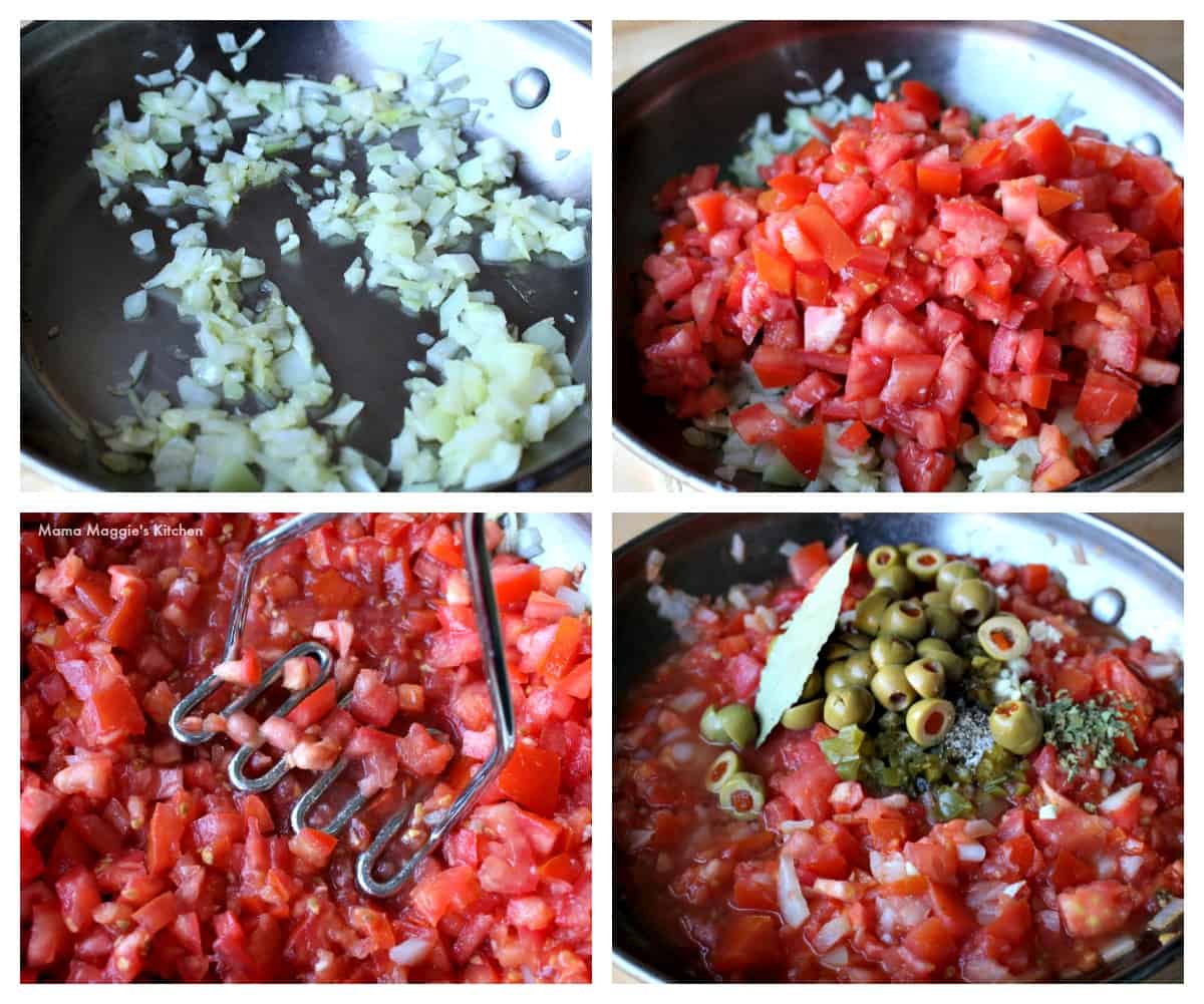 A collage showing how to make the sauce for Camarones a la Veracruzana.