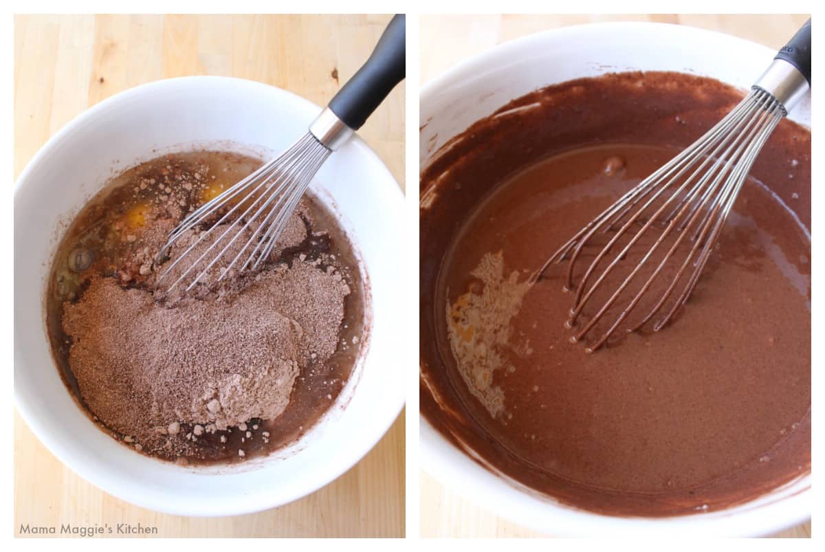 A collage showing the chocolate cake batter mix.
