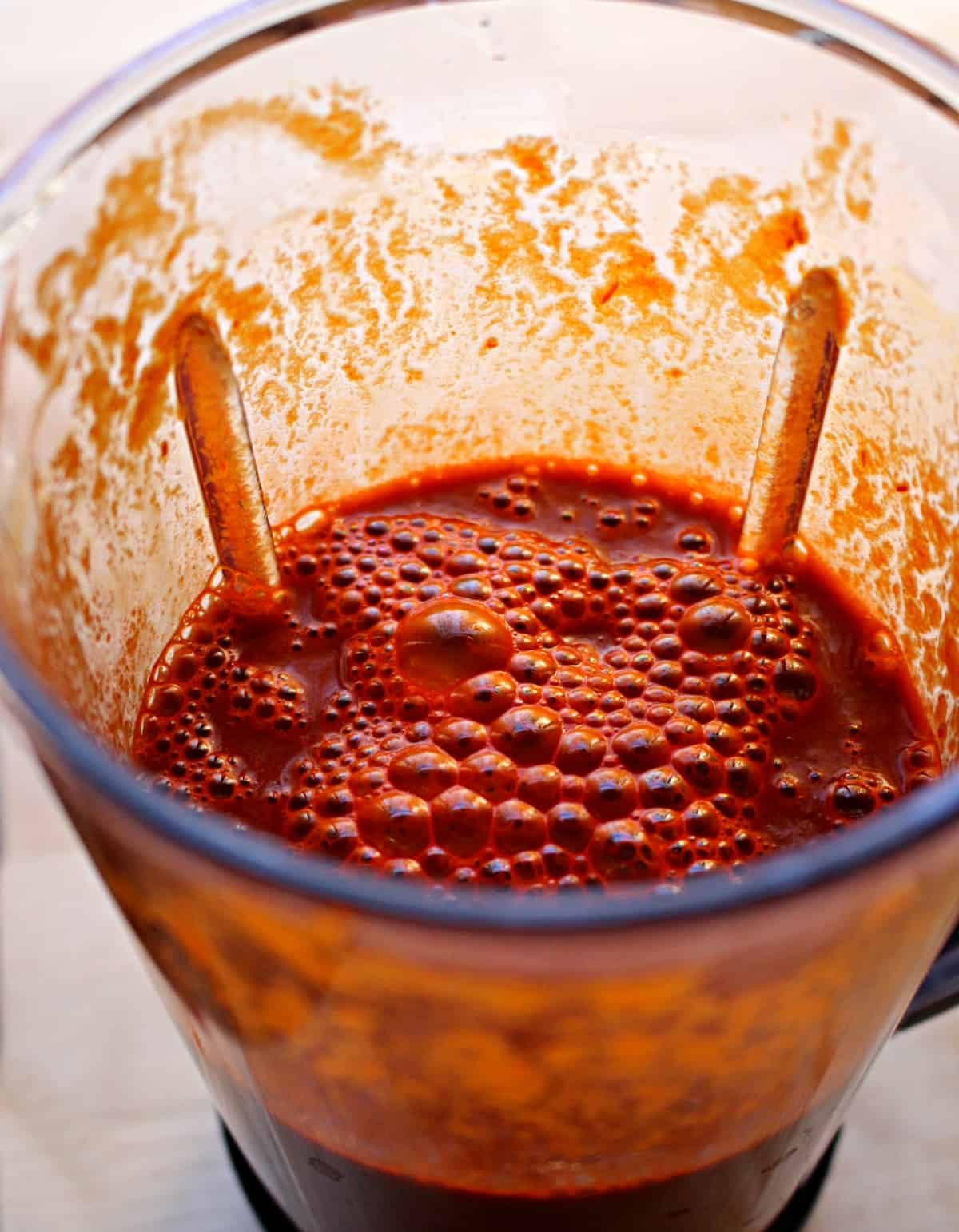 Red chile sauce for Mexican Menudo in a blender.