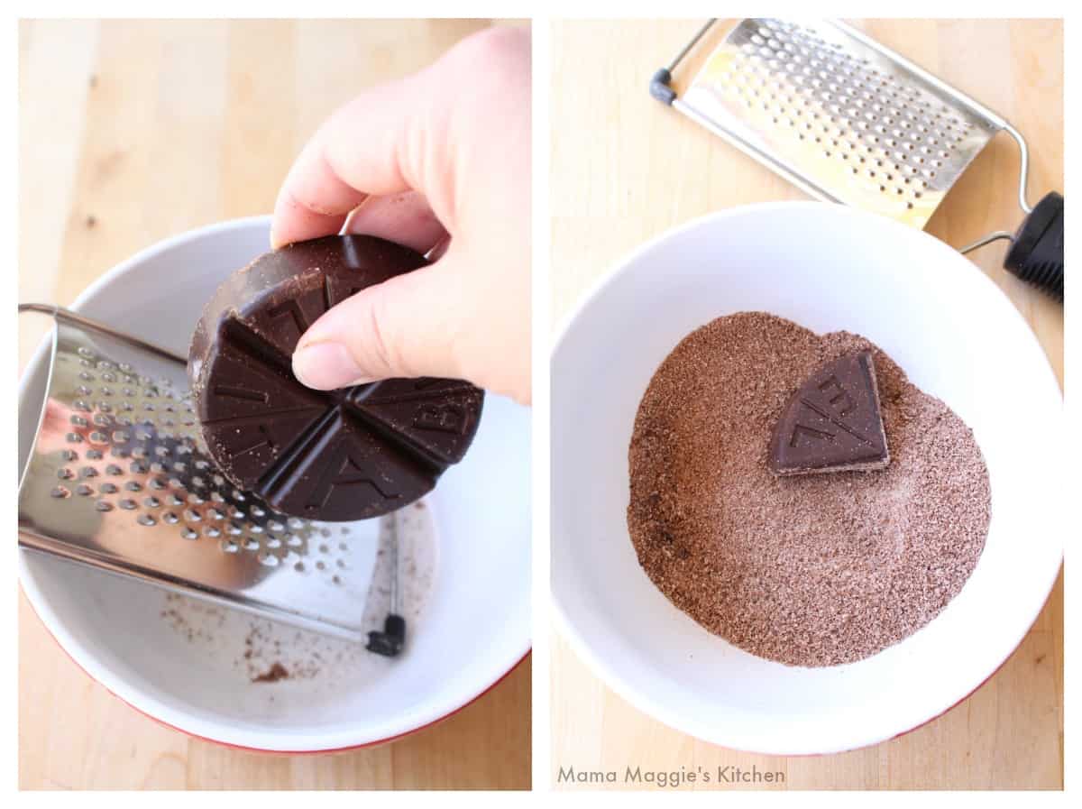 A collage showing how to grate Mexican chocolate. 