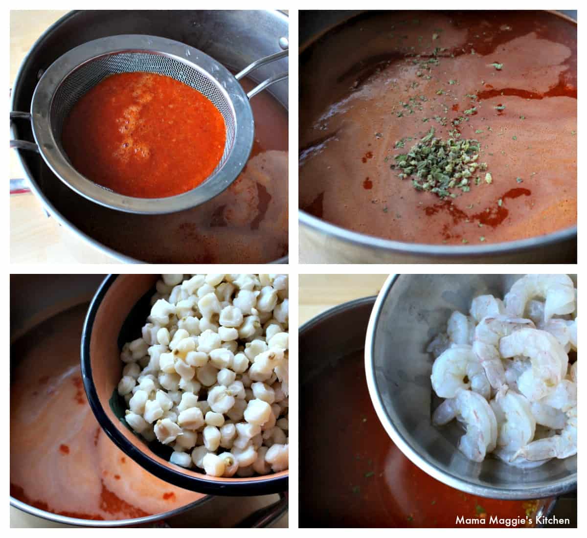 A collage showing how to make Shrimp Pozole.