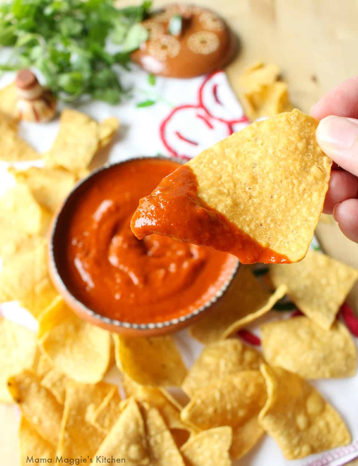 A hand holding a chip with cascabel salsa.