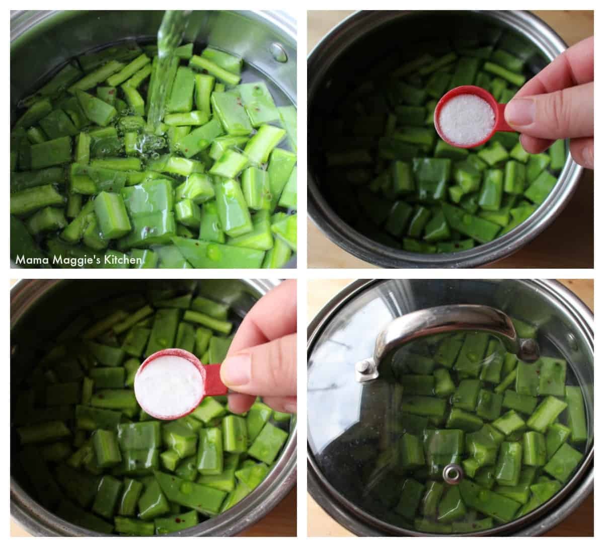 A collage showing how to cook nopales. 