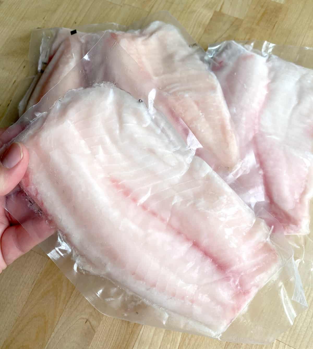 Hand holding a vacuum sealed package of frozen fish.