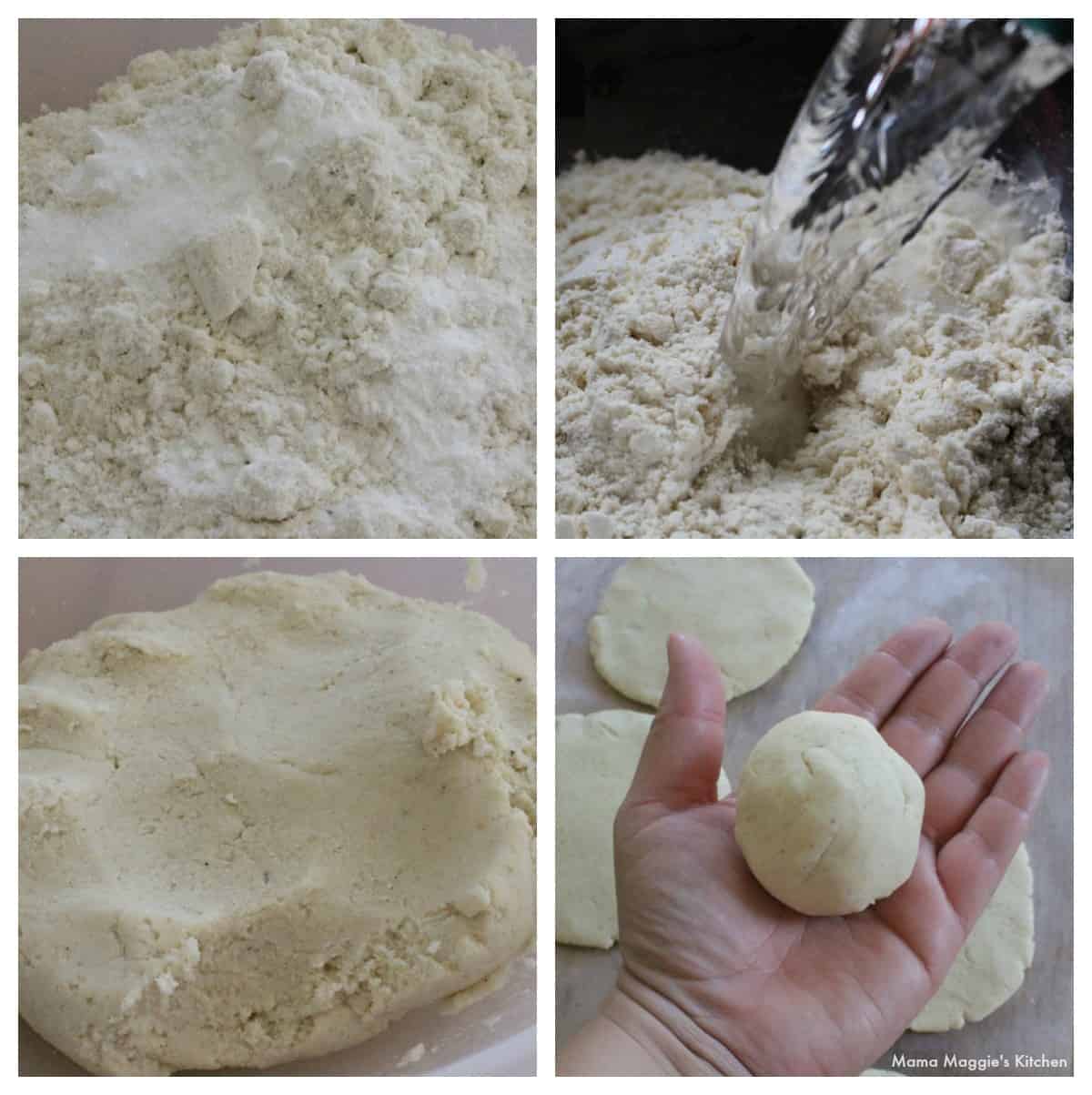 A collage showing how to make the dough for gorditas.