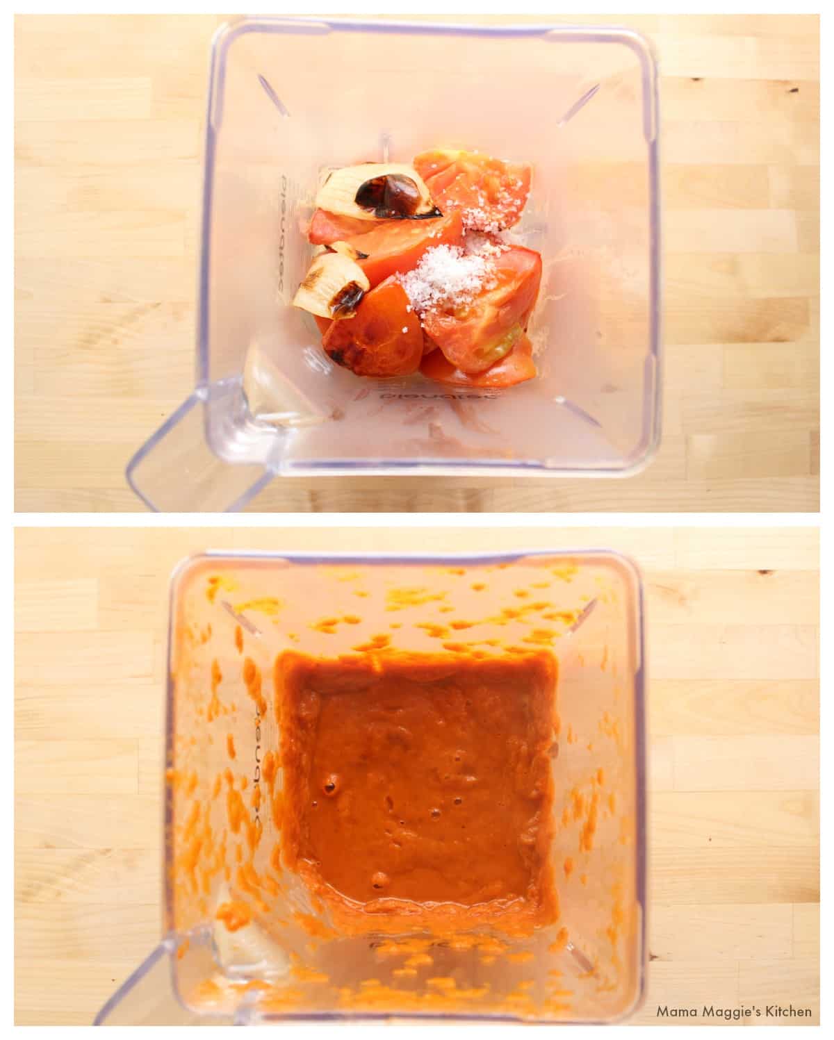 Two pictures of the salsa ingredients before and after blending in a blender.