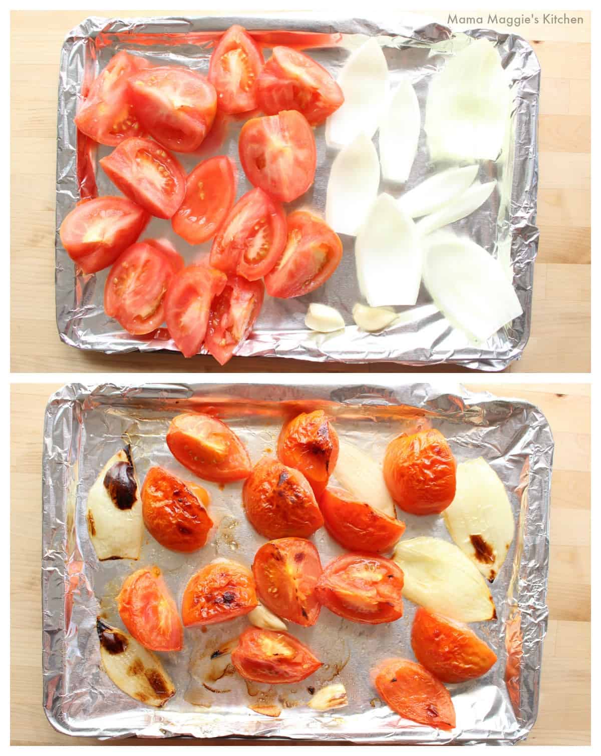Two pictures of raw and roasted tomatoes, onion, and garlic.