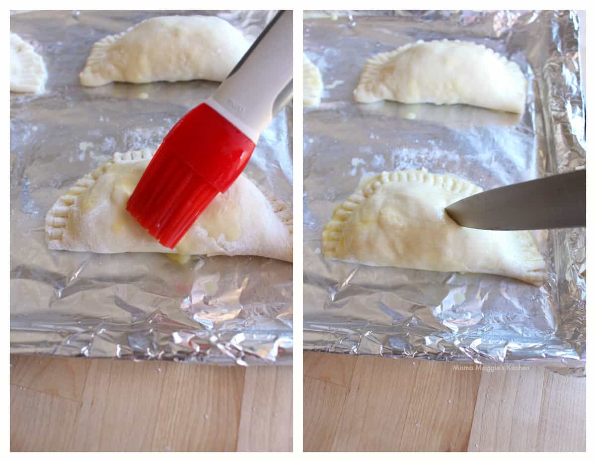 Two pictures showing how to brush the egg white and how to make slits on the empanadas.