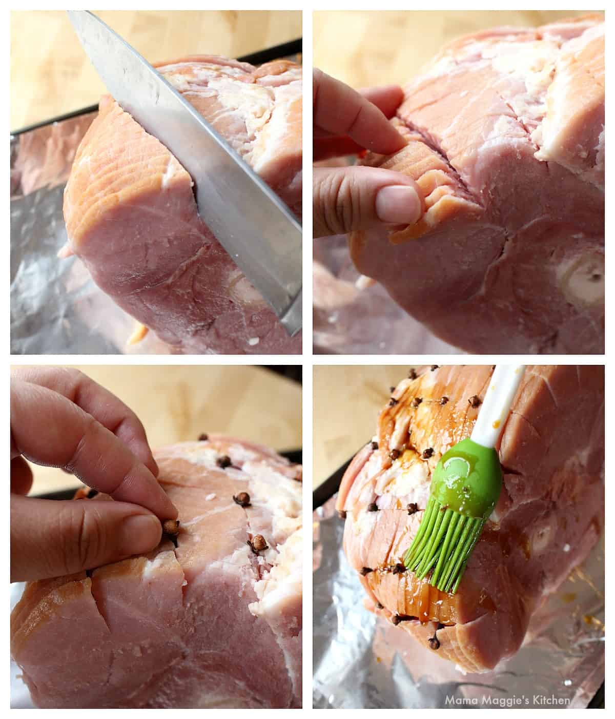 A collage showing how to score and brush the glaze on the ham.