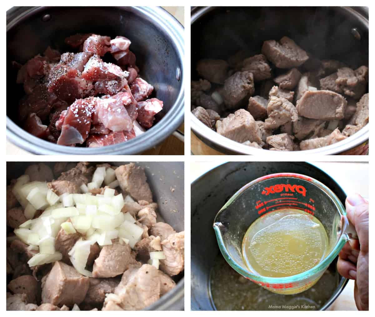 A collage showing how to cook pork in a stock pot.