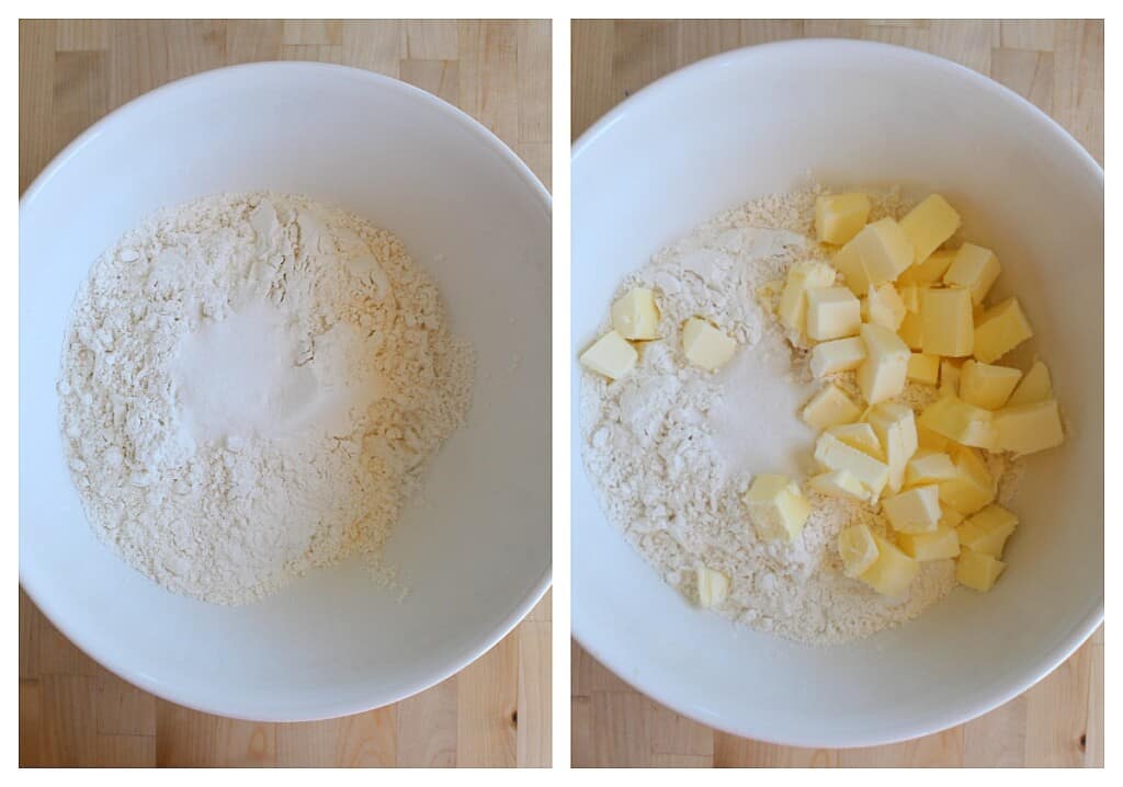 The dry ingredients for the empanada dough mixing with the butter in a large bowl.