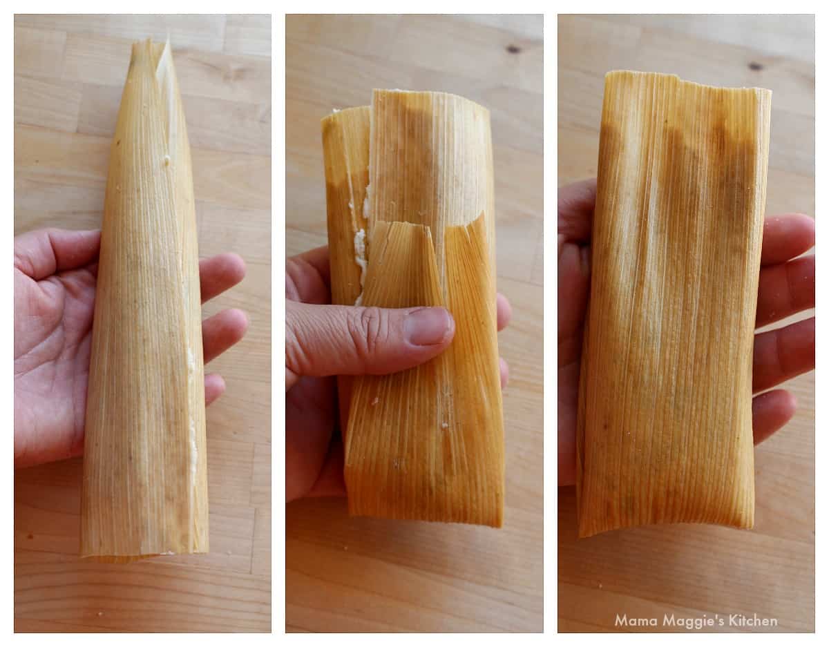 A collage showing how to fold tamales.