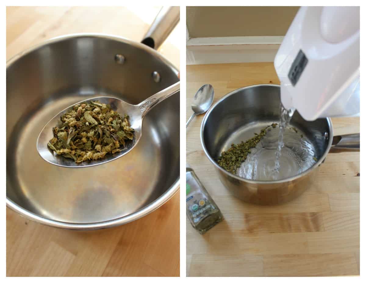 A collage showing how to make oregano tea. 