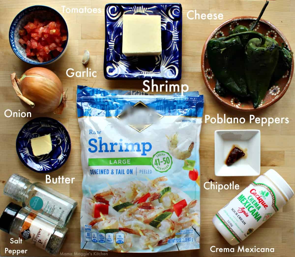 The ingredients for shrimp chile rellenos on a wooden surface.