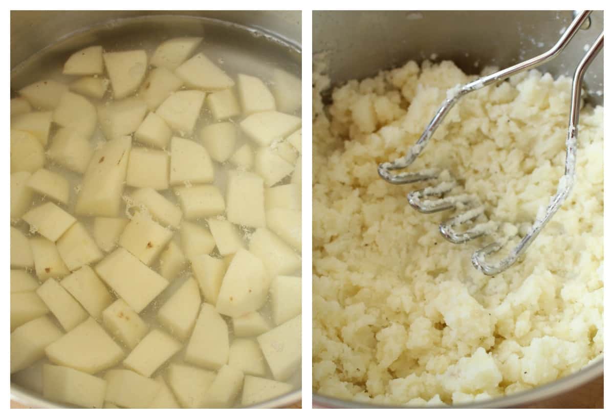 A collage showing how to make mashed potatoes.