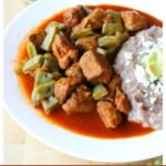 Pork and Nopales in chile colorado sauce served on a white plate.