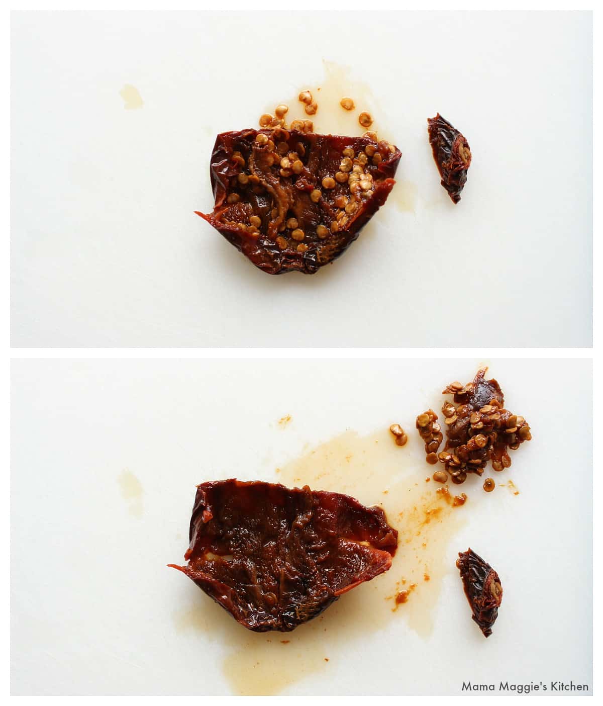Two pictures showing how to remove the seeds from a chile morita.