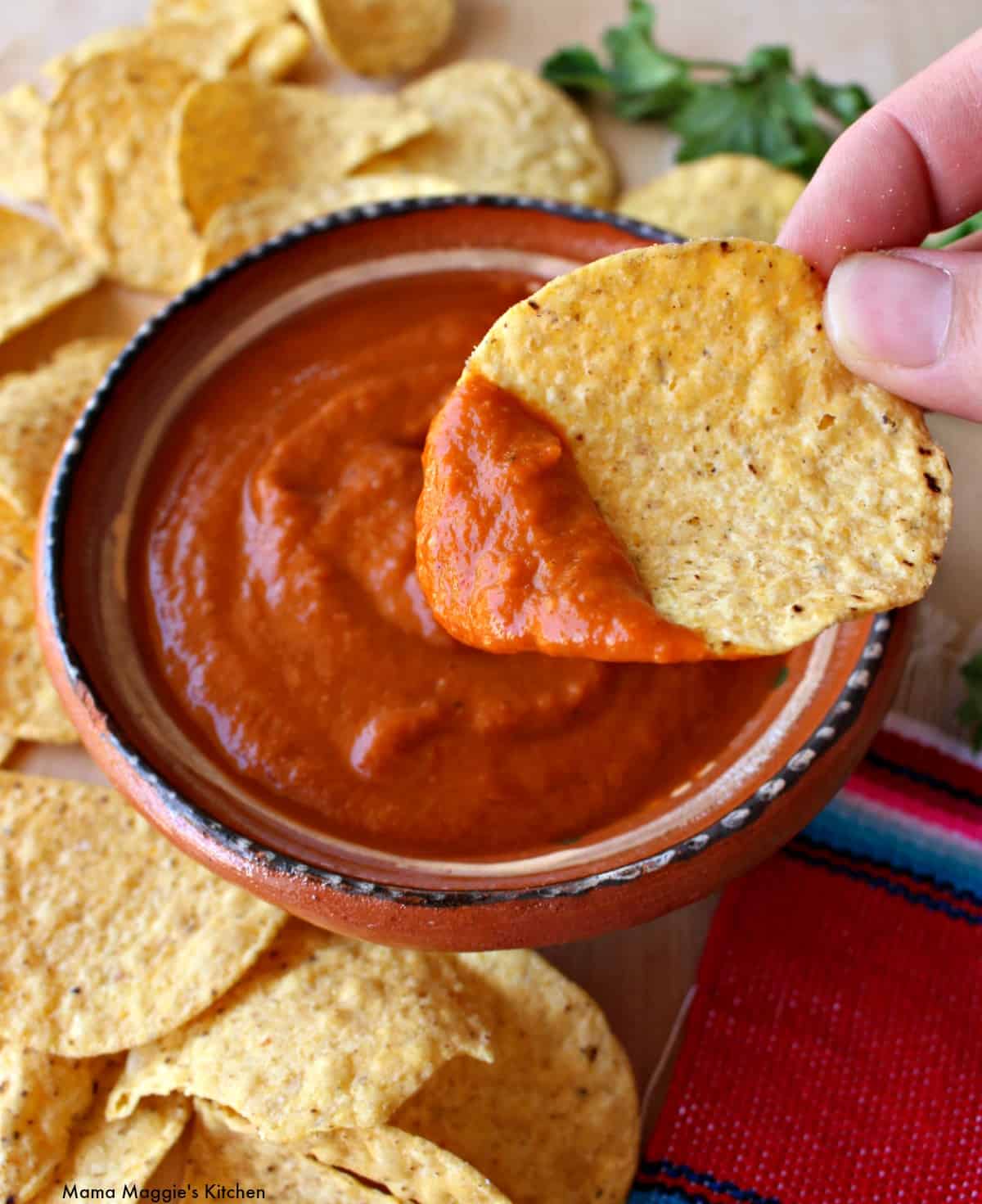 A hand holding a chip with salsa morita. 