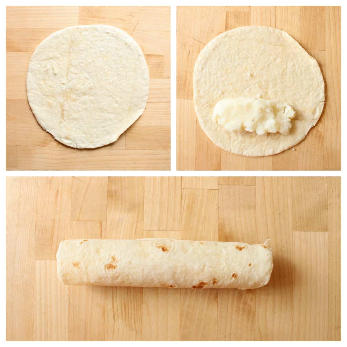 A collage showing how to assemble and roll up the flautas.