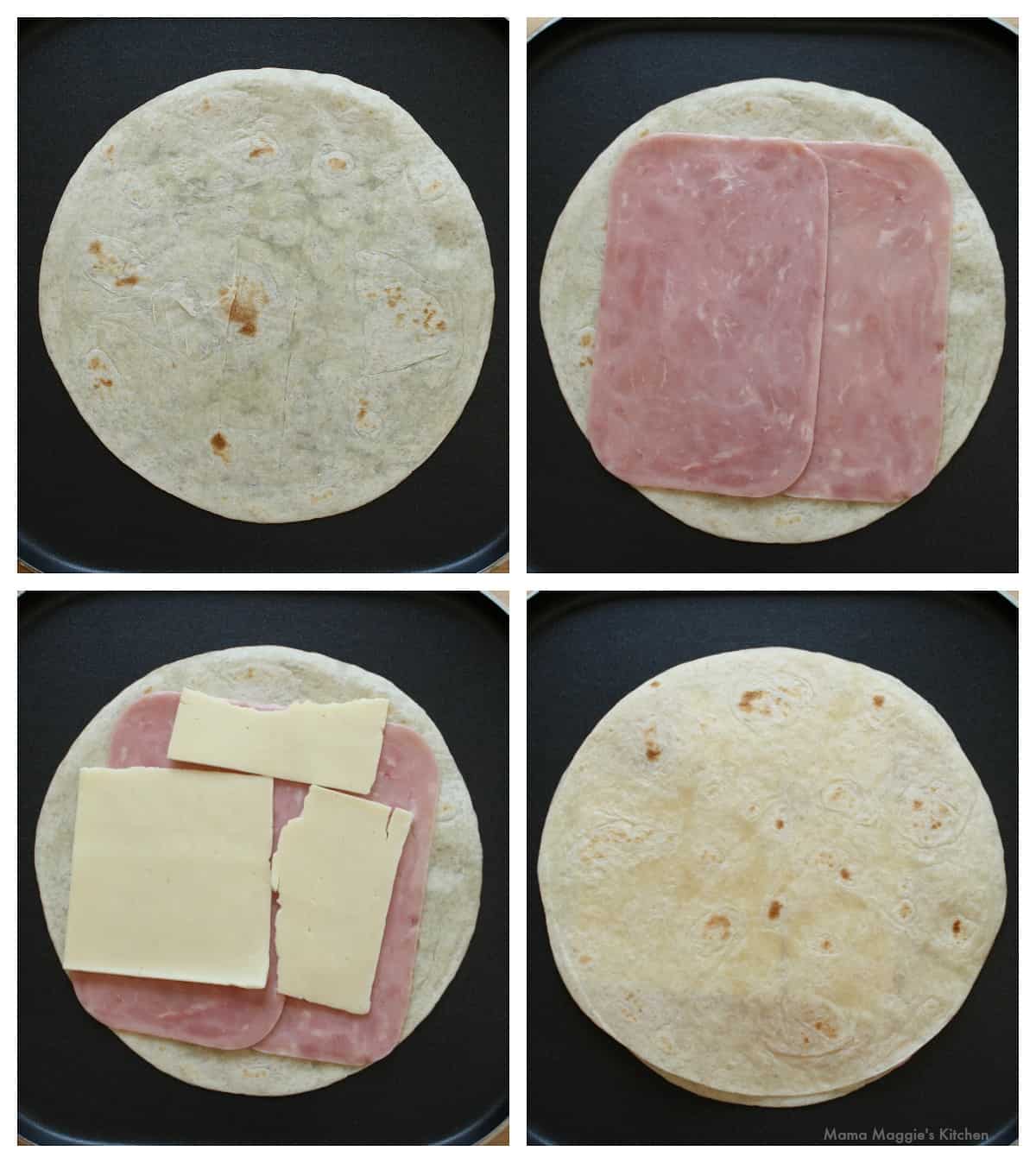 A collage showing how to assemble a sincronizada quesadilla.