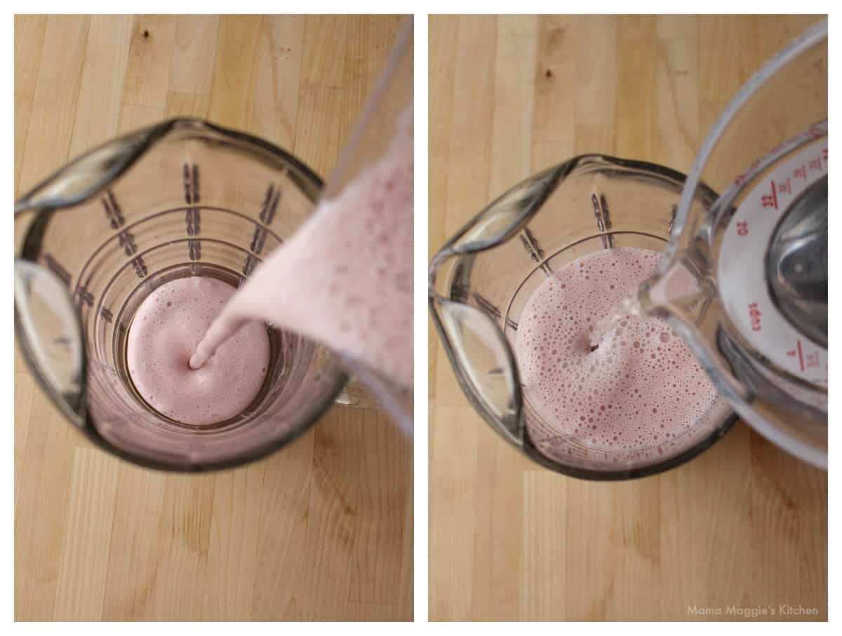A collage showing how to mix the strawberry mixture with the water in a large pitcher.