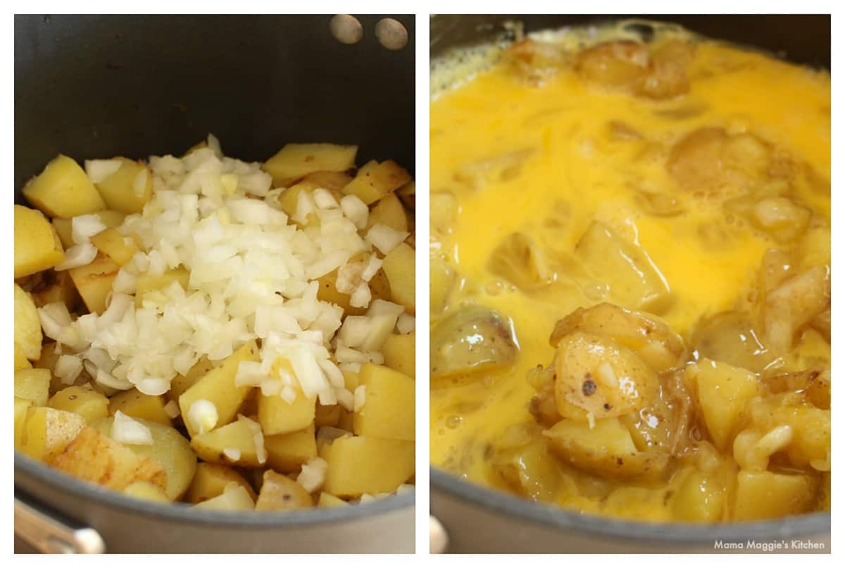 A collage showing the addition of onions and eggs to a pot.