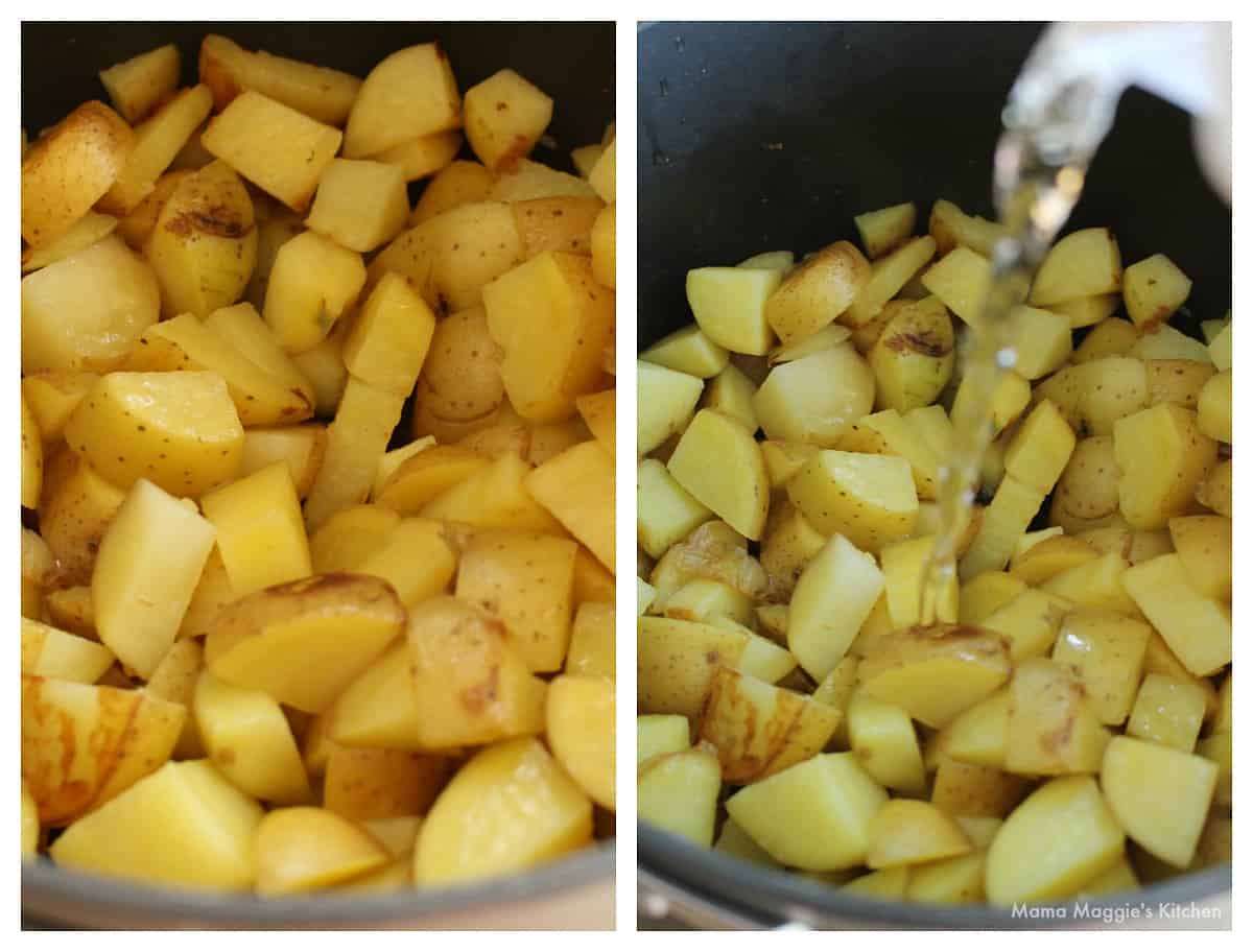 A collage showing potatoes cooking and water being added to the pot.