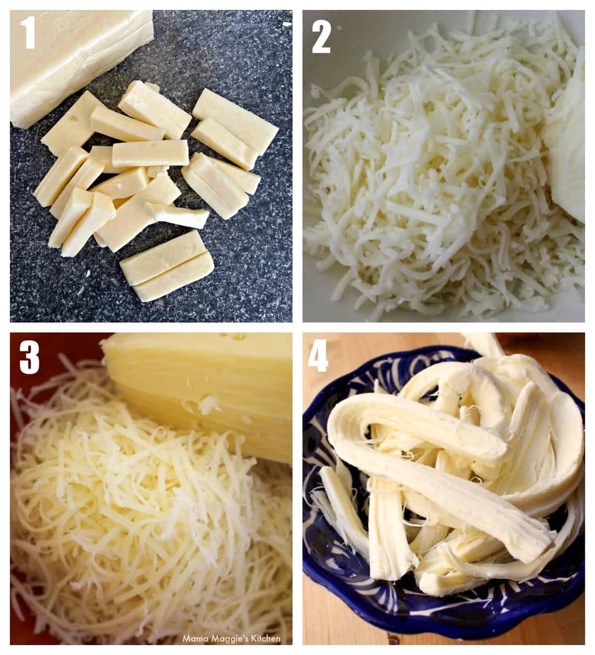 A collage of the types of cheese to use for Sincronizadas and Quesadillas.