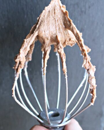 A hand holding a mixer attachment with covered with Abuelita Chocolate Frosting.