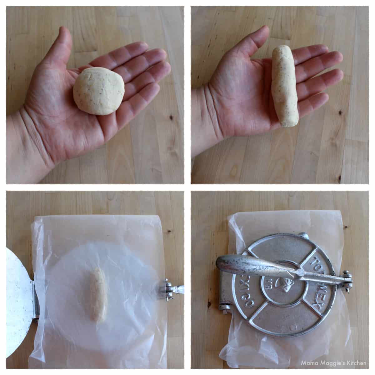 A hand showing how to form and make huaraches using a tortilla press.