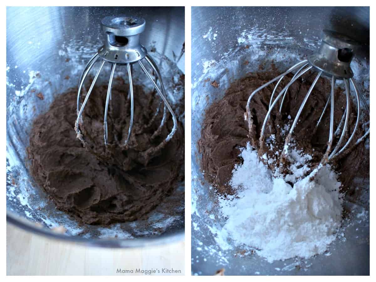 Two pictures showing the making of chocolate frosting inside a mixer.