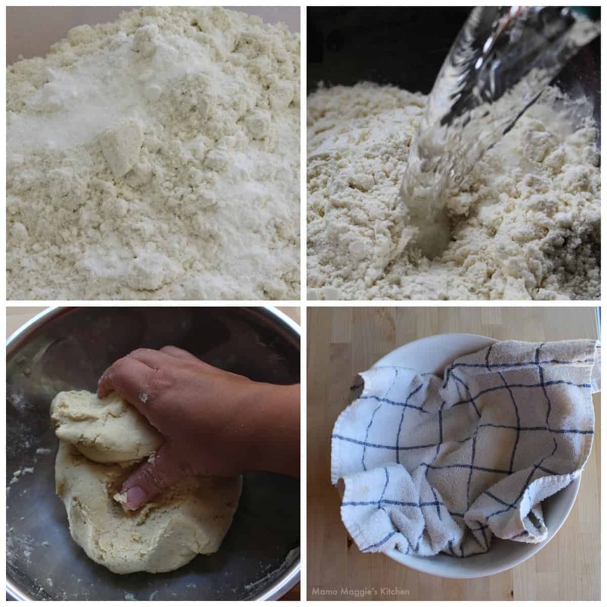 A collage showing how to make the corn dough for the Mexican Huaraches.